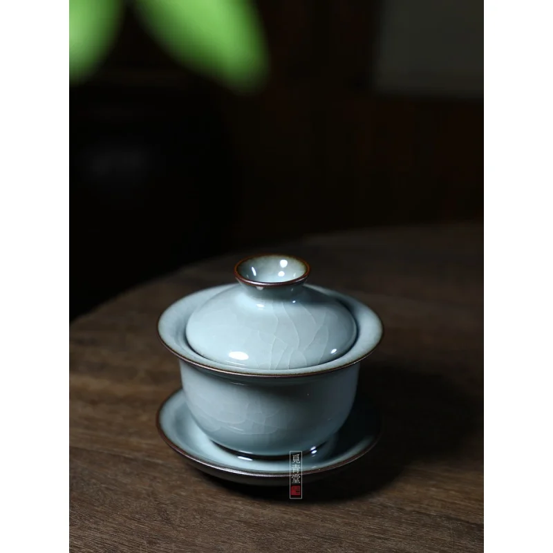 |Longquan Celadon Wang Wen Handmade Ge Kiln Enameled Cast Iron Tureen Tea Ceremony Bowl Large Tea Set Tea Brewing Bowl Porcelain