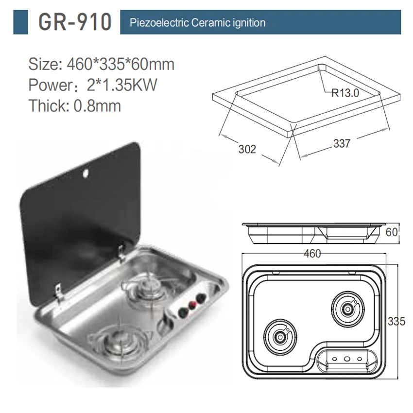 2 Burner Gas Stove Hob With Glass Lid 460*335*60mm 2*1.35KW GR-910 Boat Caravan RV Camper