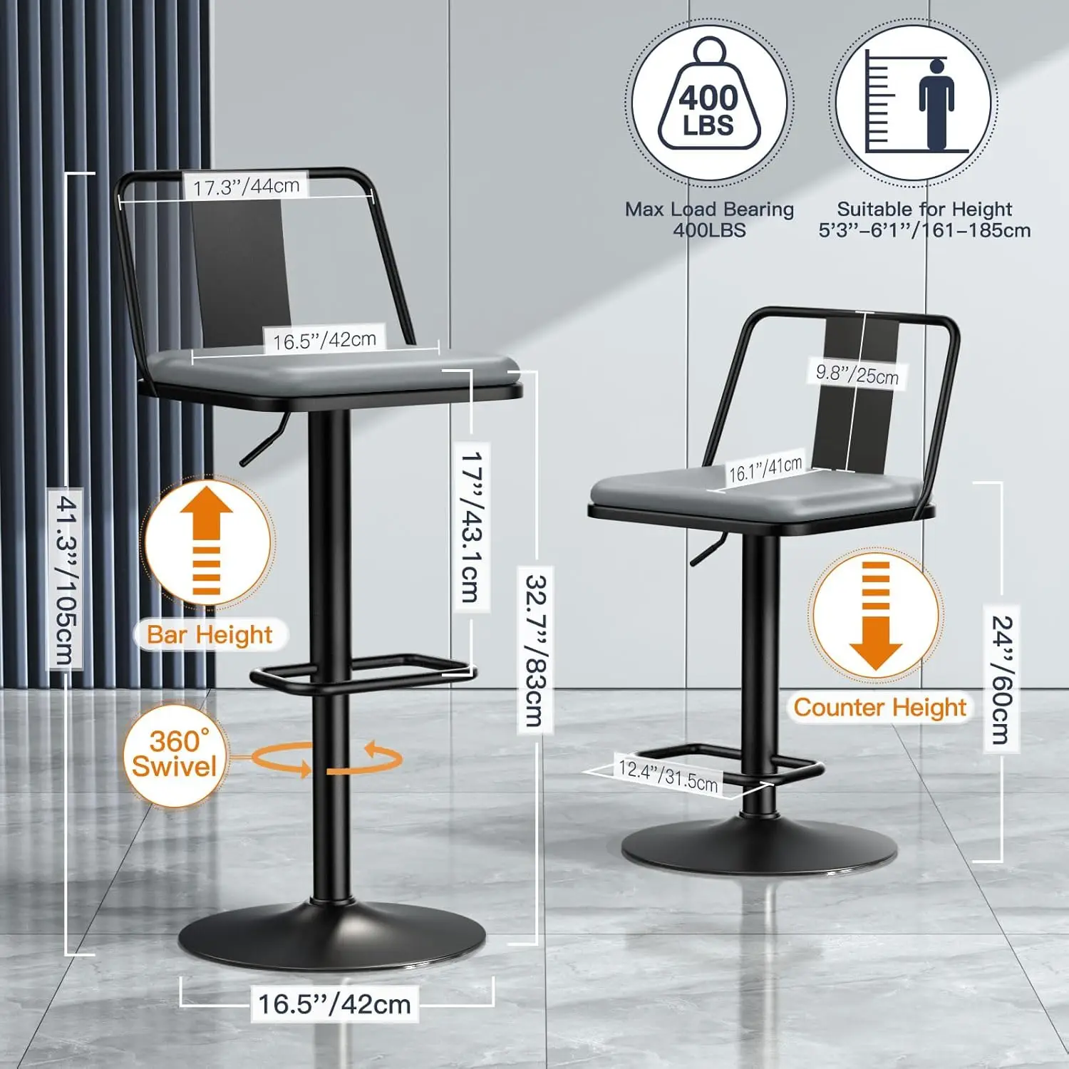 Metal Swivel Barstools Conjunto de 2, Assento de couro PU ampliado com costas de metal, ajustável de 24 a 33, altura do contador e altura da barra