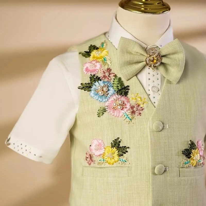 5-teiliges Set: Hellgrüne Weste mit Blumenstickerei für Jungen, Kinder-Hochzeitsanzug, Blumenjungen-Outfit, Geburtstags- und Laufsteg-Kostüm, formelles Party-Outfit A4468 – Detail 8