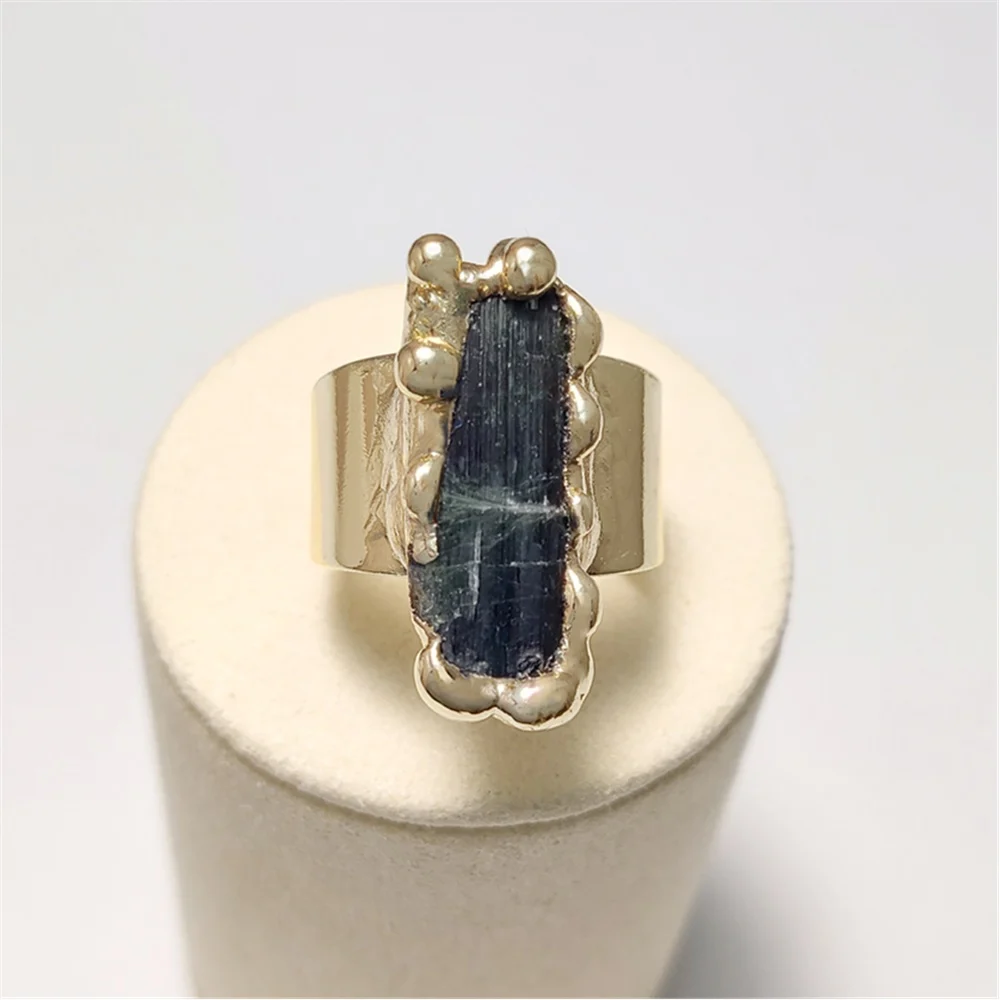 FUWO 1Pcs Natural Tourmaline Crystal Ring,Golden Plated Raw Black Gemstones Energy Ring October Birthstone Gift For Women  RG071