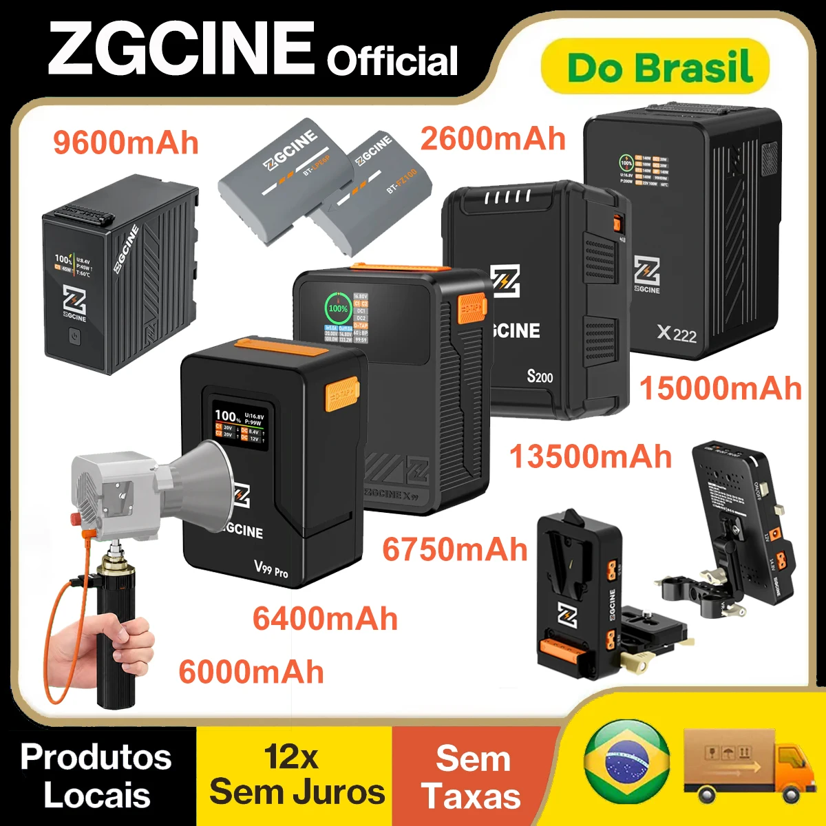 【Do Brasil】Baterias V-Mount ZGCINE ZG-V99Pro/X99/S200/X222 & Bateria NP-F970 & Grip de Bateria H90 & Placas V-Lock VM-VP4/VM-VP1 KIT3 para Câmera, Luz de Vídeo LED, Monitor, Celular e Notebook