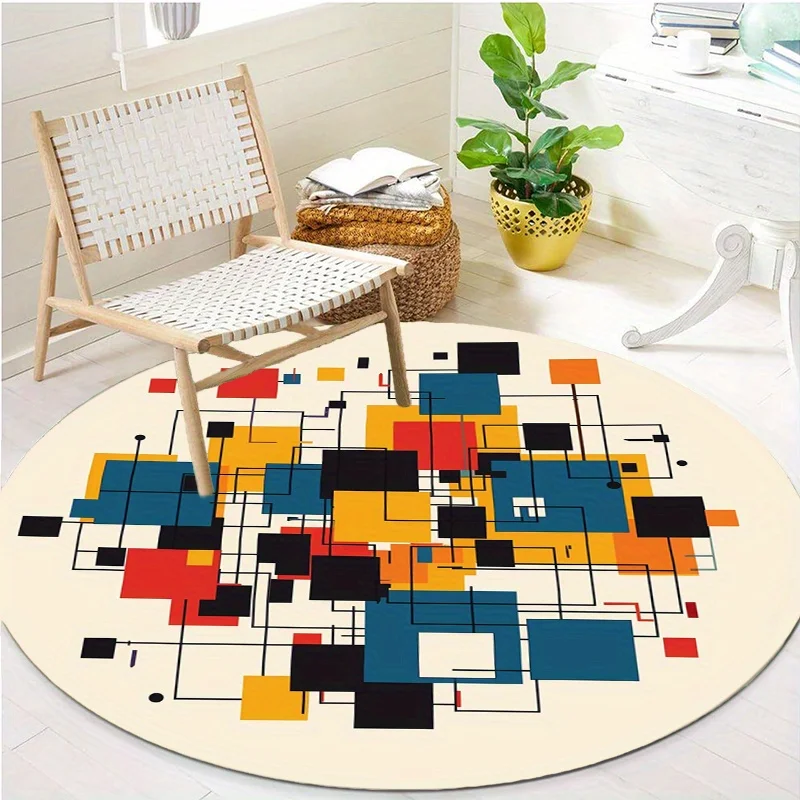 Modern Abstract Geometric Round Area Rug, Non Slip Office Chair Mat for Home Decor, Stylish Floor Carpet for Living Room Bedroom