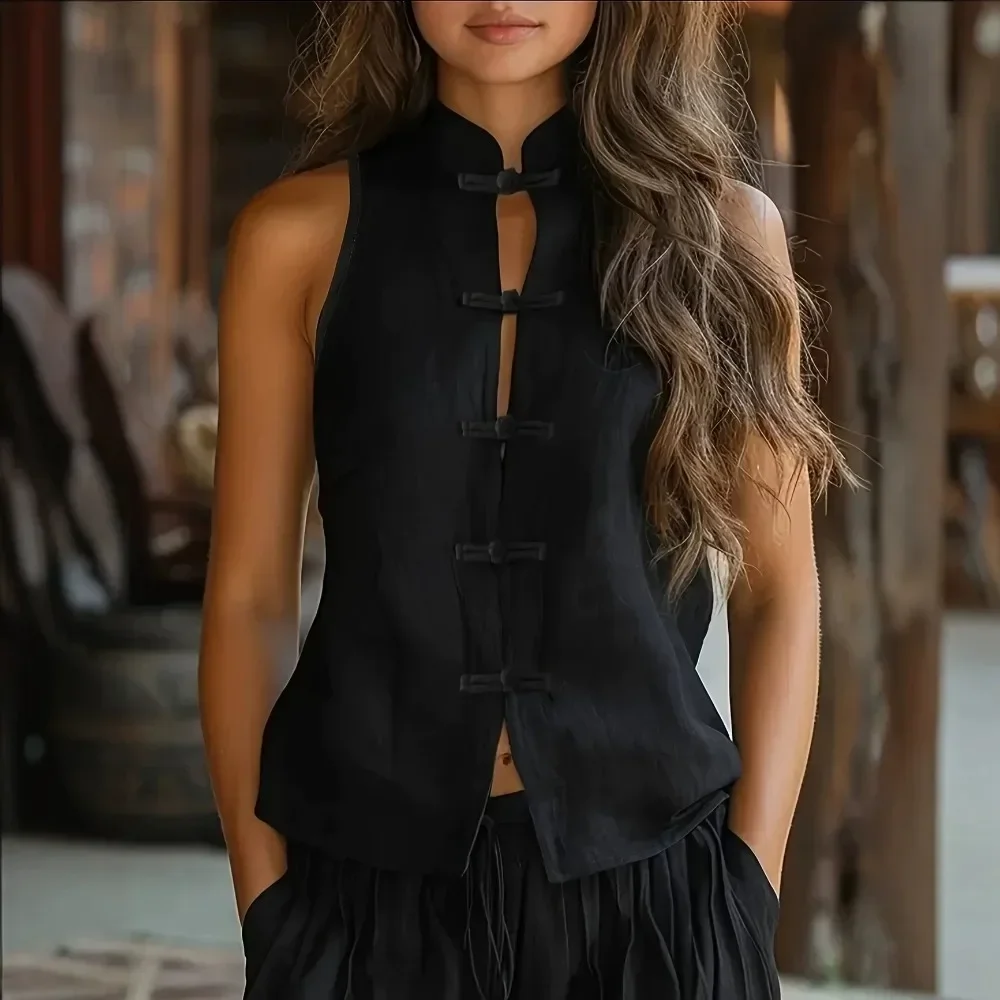 Women Stand Collar Frog Button Vest Loose Casual Sleeveless Waistcoat Top Breathable Flattering Vintage Chinese Style Daily