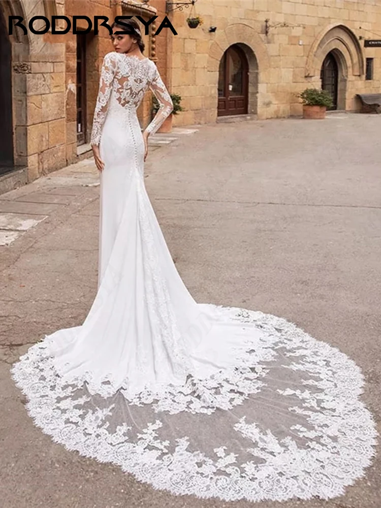 RODDRSYA Sexy scollo a v pizzo sirena abiti da sposa per le donne morbido raso sposa festa affascinante manica lunga Vestido Novia Boda Sexy scollo a v pizzo sirena abiti da sposa per le donne morbido raso sposa festa