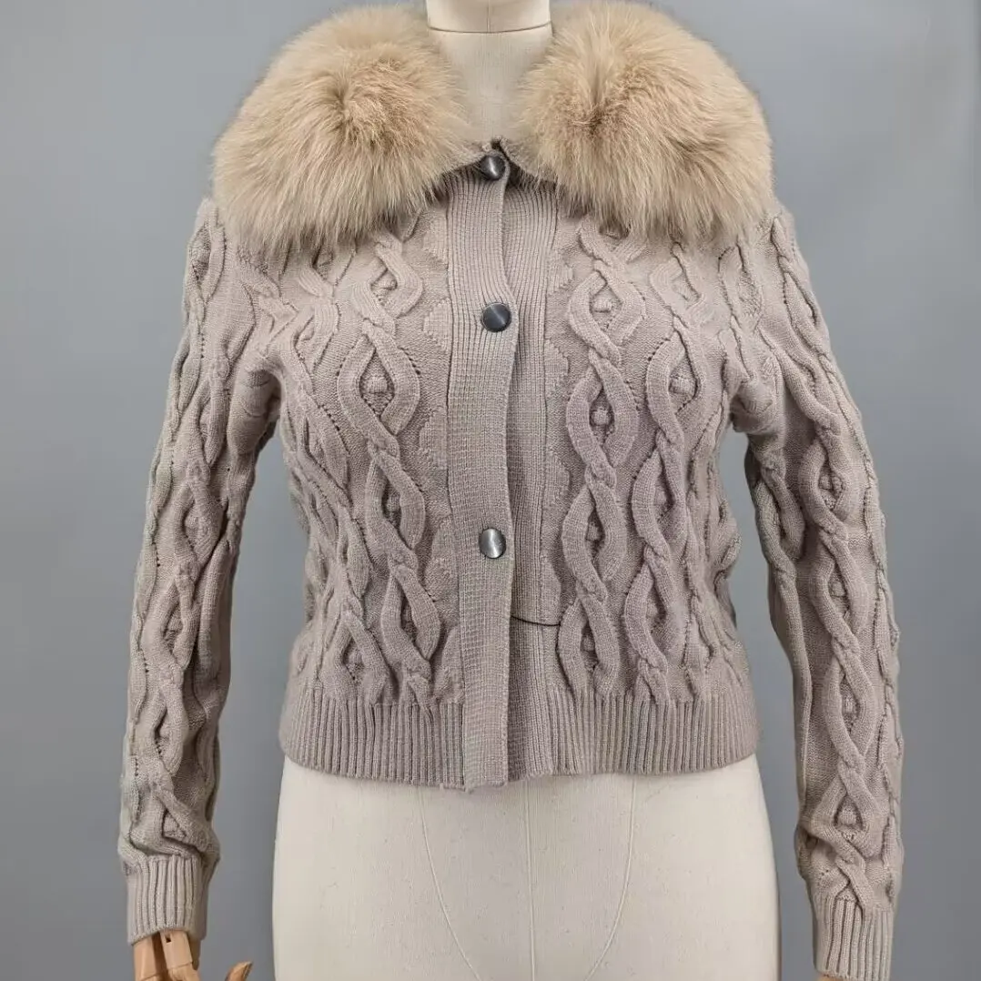 Women Khaki Knit Short Coat Real Fox Fur Oversized Lapel Collar Button Front Lightweight Long Sleeve Layering Outerwear 22A10014
