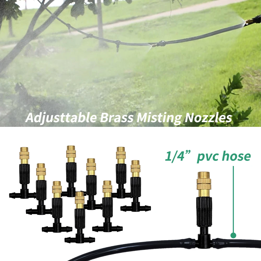 15-30M Outdoor Misting Cooling System Garden Irrigation Watering Kit With 14 Inch Brass Atomizer Nozzles And 47mm Hose For Patio