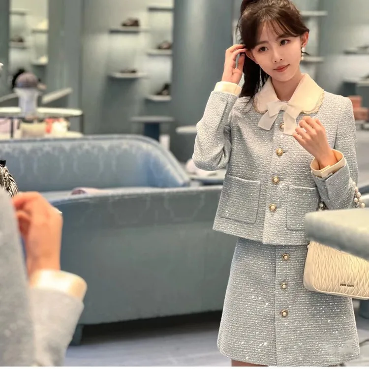 

Autumn/Winter Women's Small Fragrant Style Coarse Tweed Set Sparkling Two Piece Set Luxury Short Coat+Heavy duty Half Skirt Sets