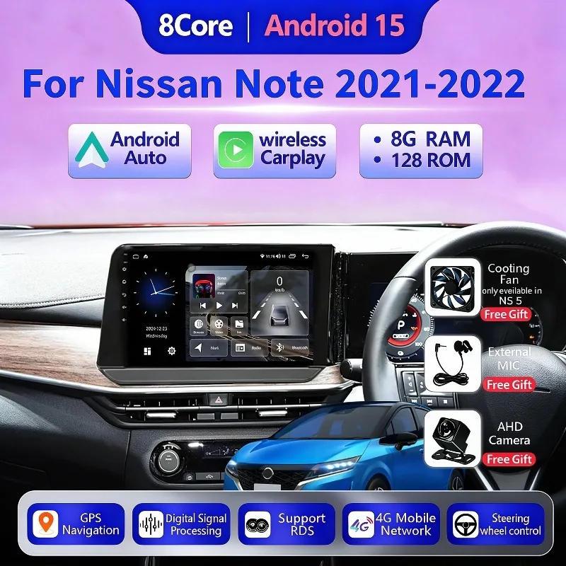 10 Inch Android15 Car Stereo For Nissan Note 2021-2022 Wireless Carplay Auto IPS Touch Screen GPS Navigation Autoradio Head Unit