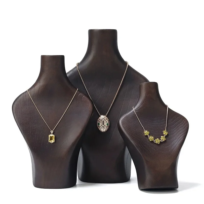 Necklace Display Rack Solid Wood Walnut Color Jewelry Showcase Stand Pendant Hanger, Human Figure Neck Support Jewelry Display
