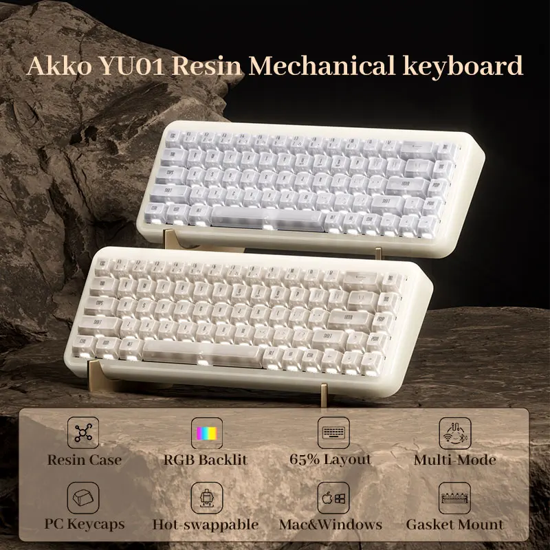 Akko YU01 Resin Mechanical Keyboard Support VIA 65% RGB Backlit Hot-swappable BT5.0/2.4G Wireless & Type-C Wired Gaming Keyboard