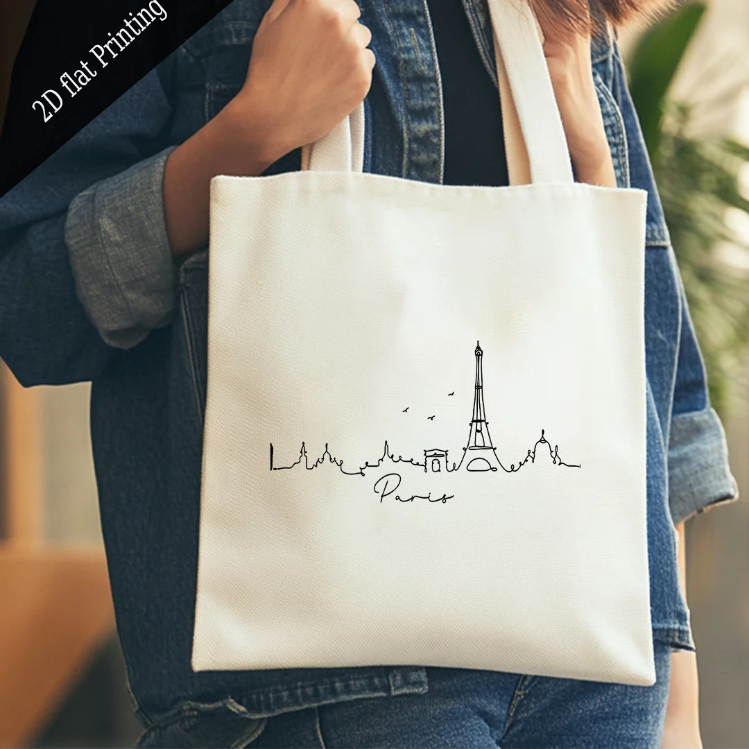 1pc 2D Flat Printing, Paris Skyline Canvas Tote Bag - Reusable High-Quality Grocery Bag with Eiffel Tower Design, Durable Polyes