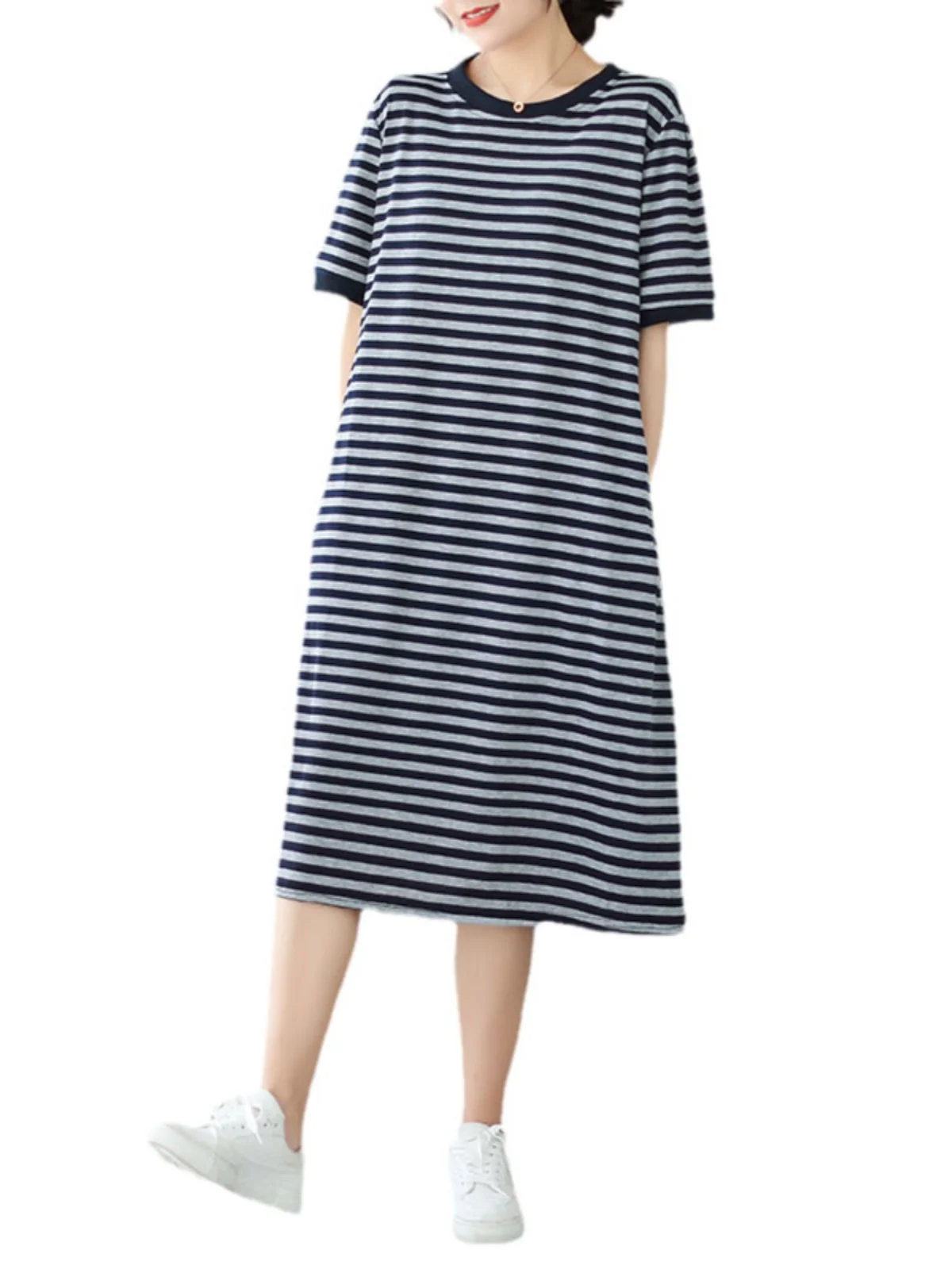 Casual Stripe Tricoté Or Sve Dr Femmes Lâche Minceur rond Ne T-shirt mi-long Dr Confortable A-Line Été D...