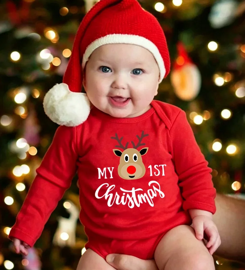 My 1st Christmas Baby Romper Long Sleeve Reindeer Print Red Infant Bodysuit Newborn Boys Girls Xmas Party Clothes Photo Outfit