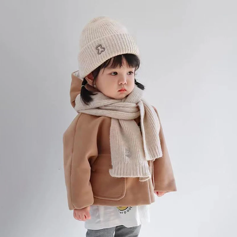 Autumn And Winter Children's Hats And Scarves Two-piece Set To Prevent Cold And Warm Students Knitted Hats Cute Baby Woolen Hats