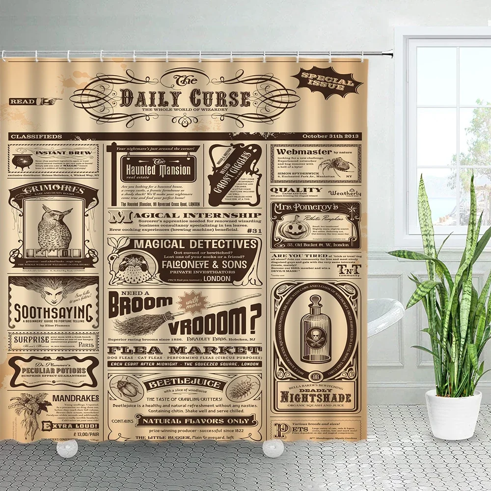 Vintage Old Newspaper Shower Curtains France Paris Tower Periodic Table Bath Curtain Retro Fabric Print Home Bathroom Decor Sets