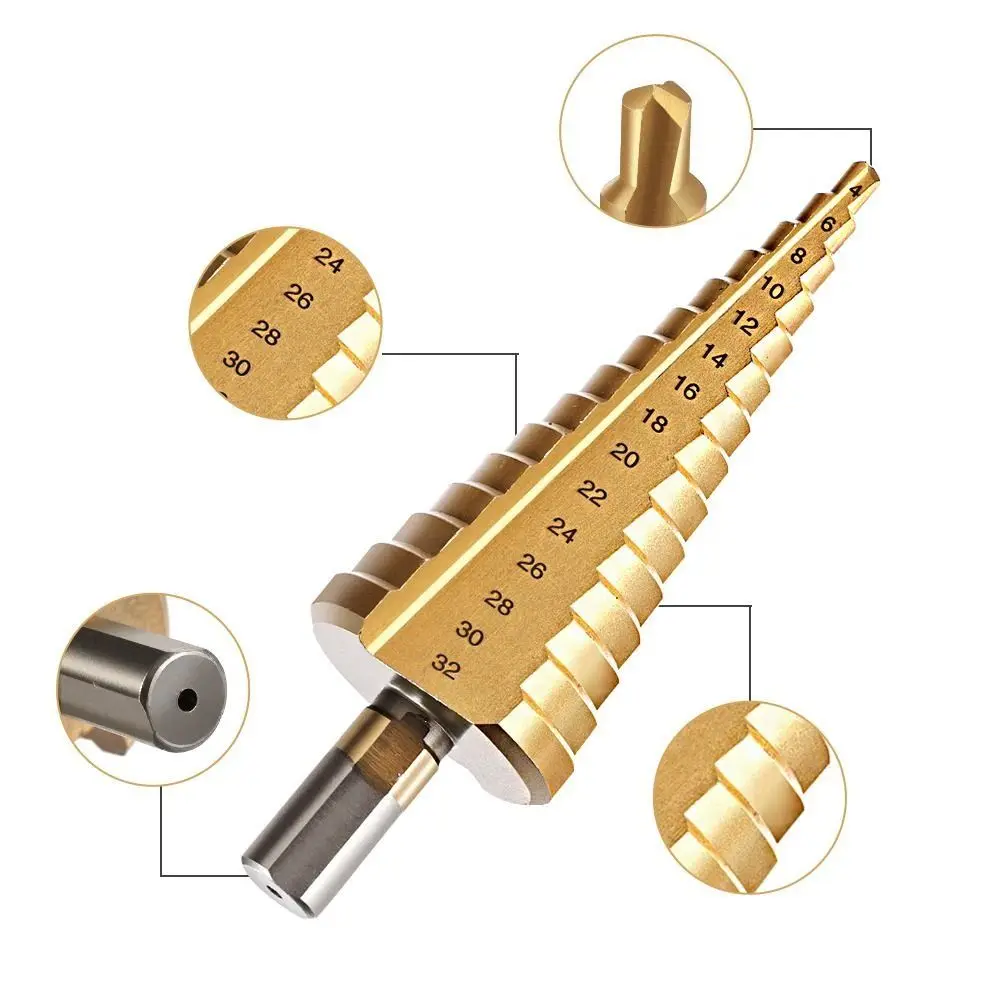 

Профессиональный набор титановых ступенчатых сверл премиум-класса, золотистые, разных размеров, для сверления отверстий, для работы по металлу
