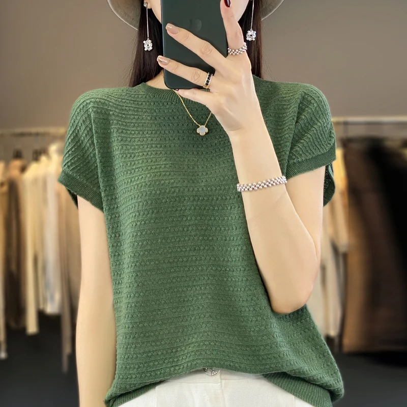 2024 fashion short half sleeve cashmere women's sweater 100% pure merino wool round neck pullover T-shirt