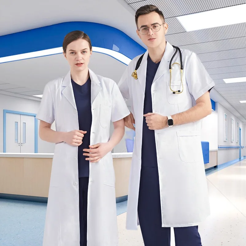 Nightingale-Bata blanca de manga corta para hombre y mujer, monos de enfermera para médico en general, bata fina para laboratorio químico de Hospital, Verano