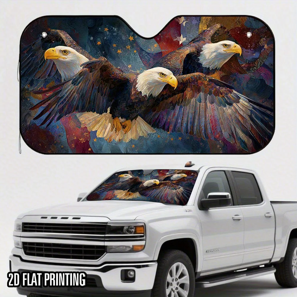 1pc Multi-Headed Eagle Dancing Wings Car Sunshade - Vibrant Starry Night Design, Foldable Fit With 4 Suction Cups & Space-Saving