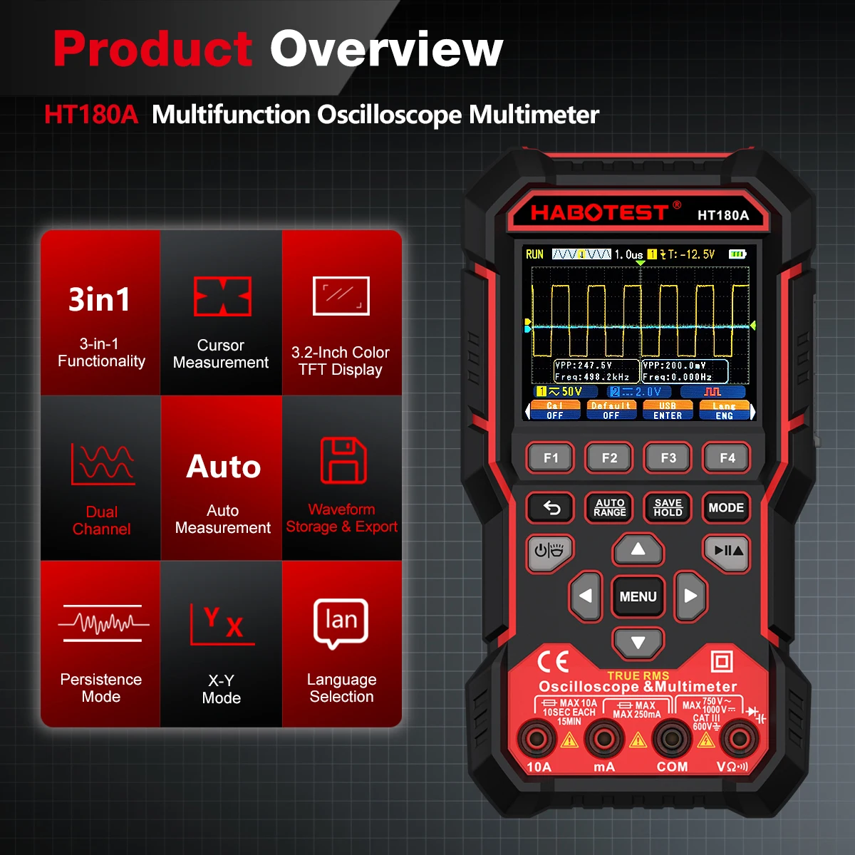 HABOTEST Digital Oscilloscope Multimeter 50MHz Dual Channel Signal Generator True RMS 25000 Counts 3.2-inch LCD Handheld Tester