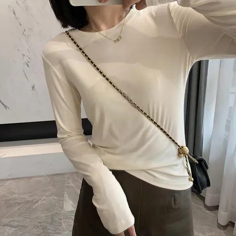 AOSSVIAO Herbst-Winter Slim Fit Schulter-Langarm-T-Shirt für Damen, trendiges Basic-T-Shirt mit Rundhalsausschnitt, superweich, vielseitiges, schlankmachendes Oberteil – Detail 3