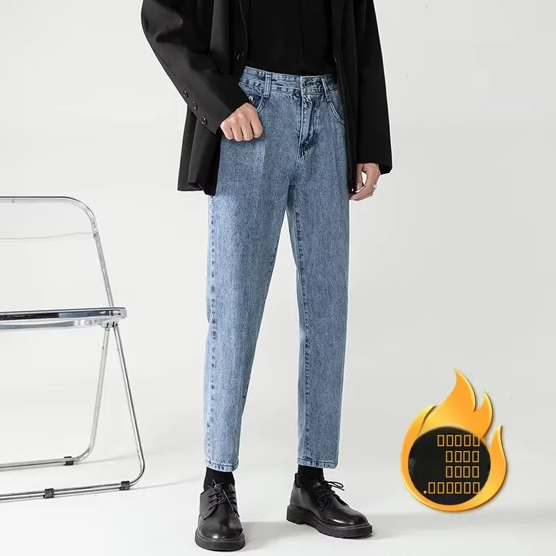 

Мужские джинсы прямого кроя слим-фит на флисовой подкладке, утепленные, осенне-зимние, модные, повседневные, эластичные, длинные брюки, укороченные (до щиколотки)