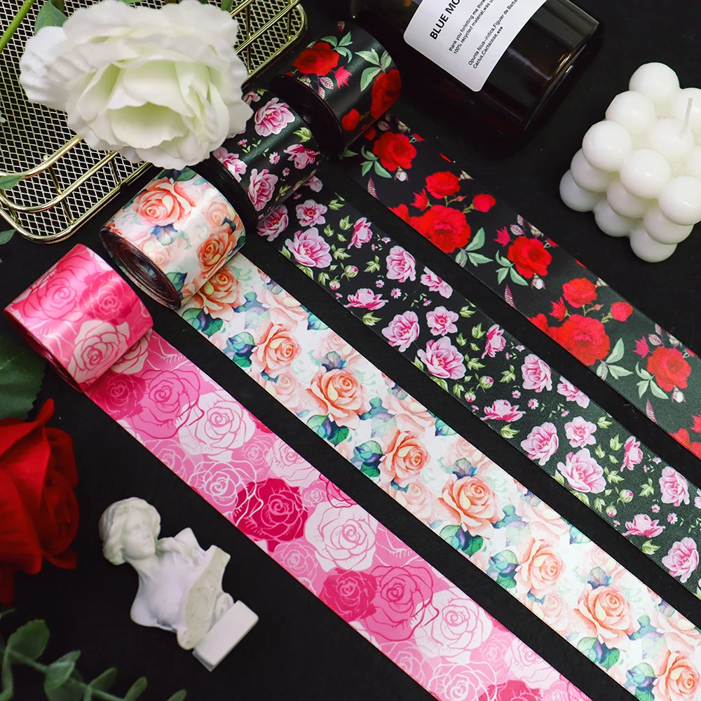 1-1/2'' 38mm Double Face Heat Transfer Red Rose Flowers Printed Satin Ribbon For Handmade DIY Craft Hair Bows Gift Packing