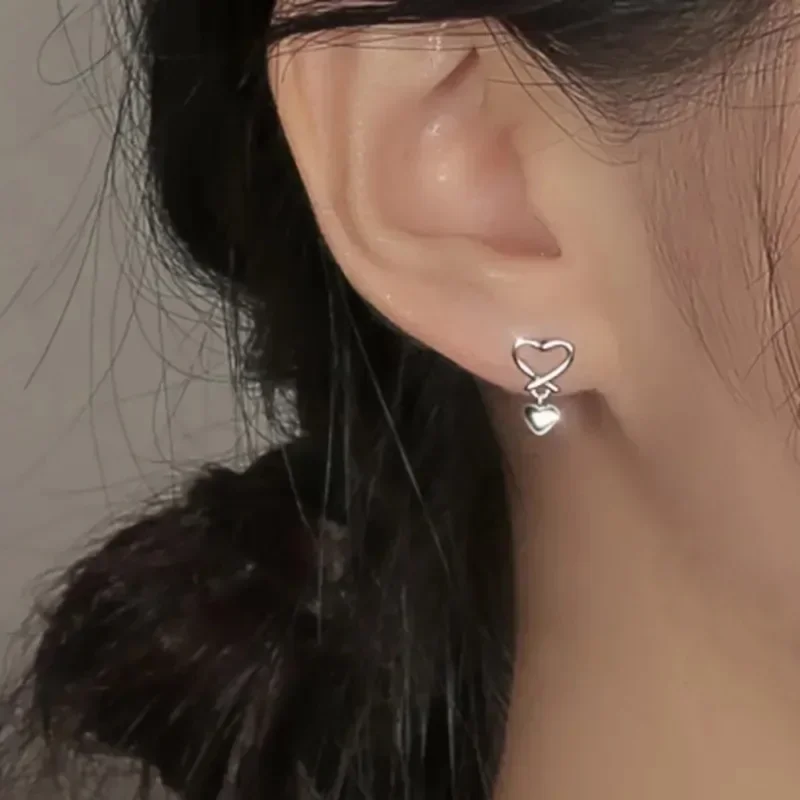 Huitan الطازجة الخلود مزدوجة الحب القلب إسقاط أقراط 925 فضة بسيطة اليومية غرامة مجوهرات فضية اللون الأذن الملحقات #5