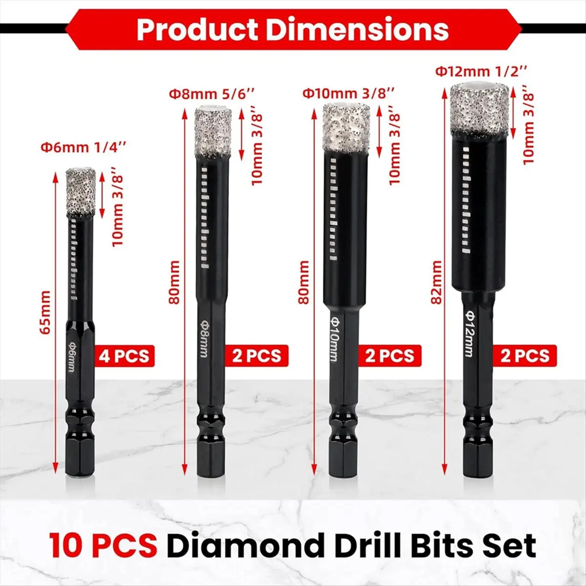 X16A Hot 10-Pack Drill Bits Set, 1/4 5/16 3/8 1/2 Inch Hole Saw - 1/4 Hex Shank Core Drill Bits for Ceramic