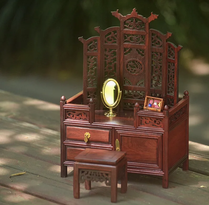 Chinese Style Dollhouse Furniture Miniature Rosewood Set | Handcrafted Real Solid Wood Mini Bed, Desk, Shelf Vintage Craft Decor