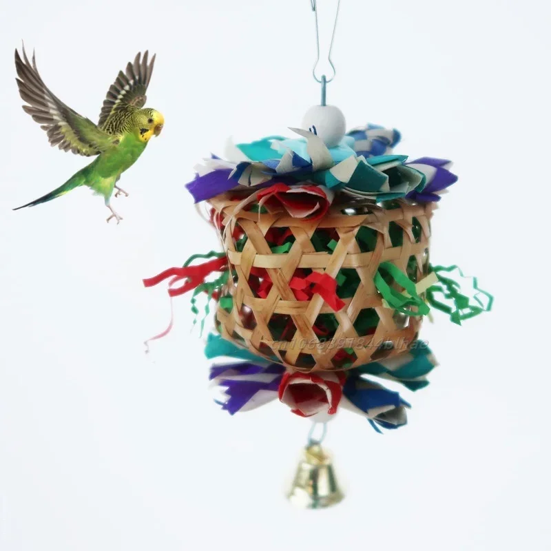 Parrot Bird Hanging Chewing Toys Natural Bamboo Cage Shred Foraging Toy With Bells Bird Cage Accessories