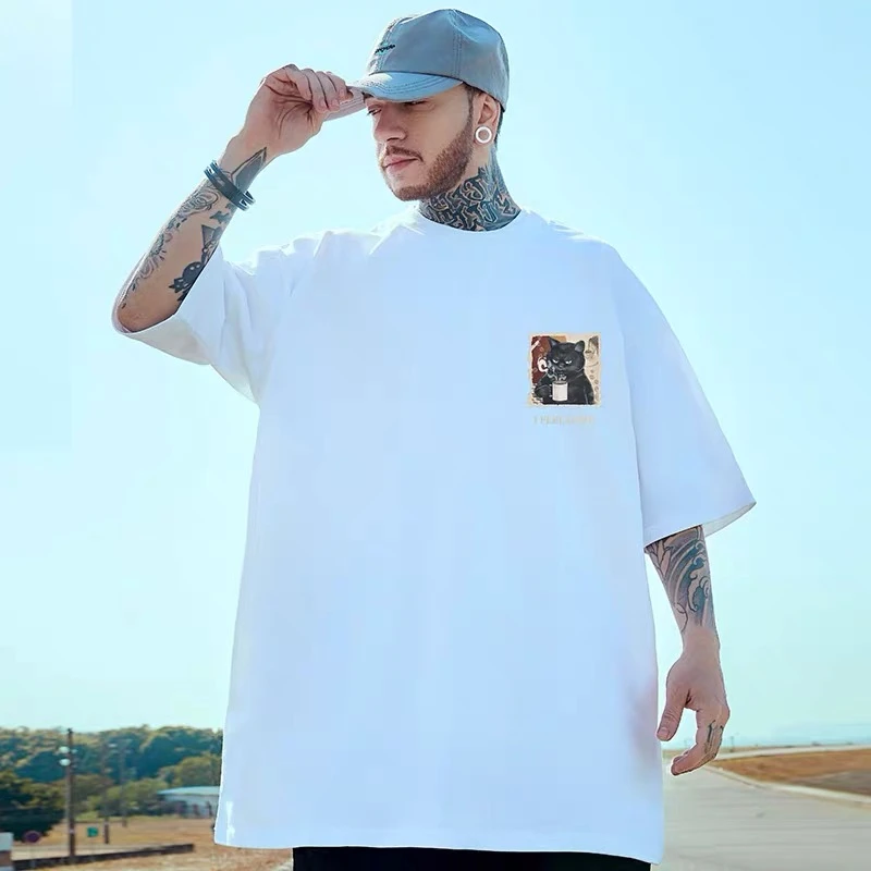 2025 New Year Men\'s T-Shirt Black Cat Printed Male Clothing Summer Casual Short Sleeve Top Loose Oversized T-Shirt Street Tees