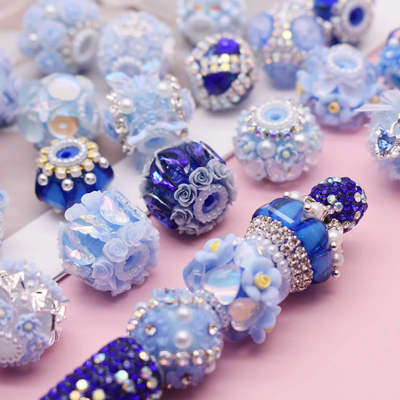 Handmade Acrylic Beads for Jewelry Making, Blue Flower Pen Beads, DIY Bead Pen, Keychains, Phone Chain, New Color, 3Pcs, 18-25mm