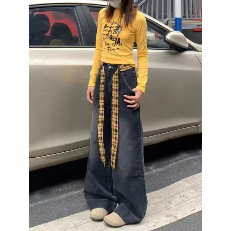 

Women's Retro Black Grey Plaid Wide Leg Denim Jeans Summer New Design Trend Straight Long Pants High Waist Decorative Pattern