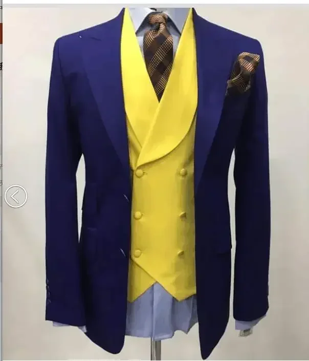 

2024 High Quality Costume Homme Blue Yellow Shawl Lapel Double Breasted Men Suit Wedding Suits for Men Groom Slim Fit 3 Piece