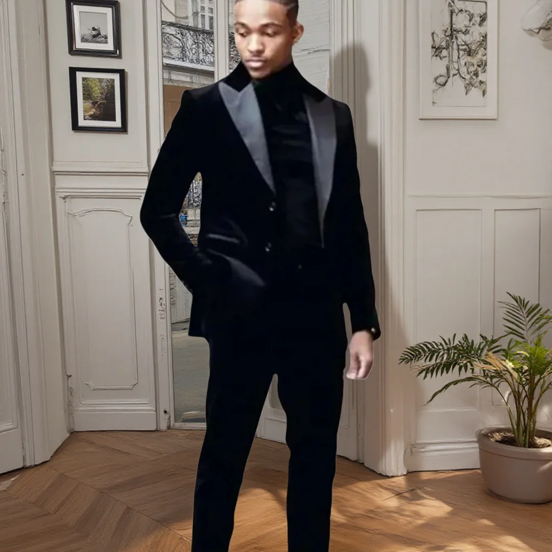 

Классические черные бархатные мужские костюмы, приталенные свадебные смокинги для жениха, комплекты из 2 предметов, пиджаки с остроконечными лацканами, официальная куртка, брюки