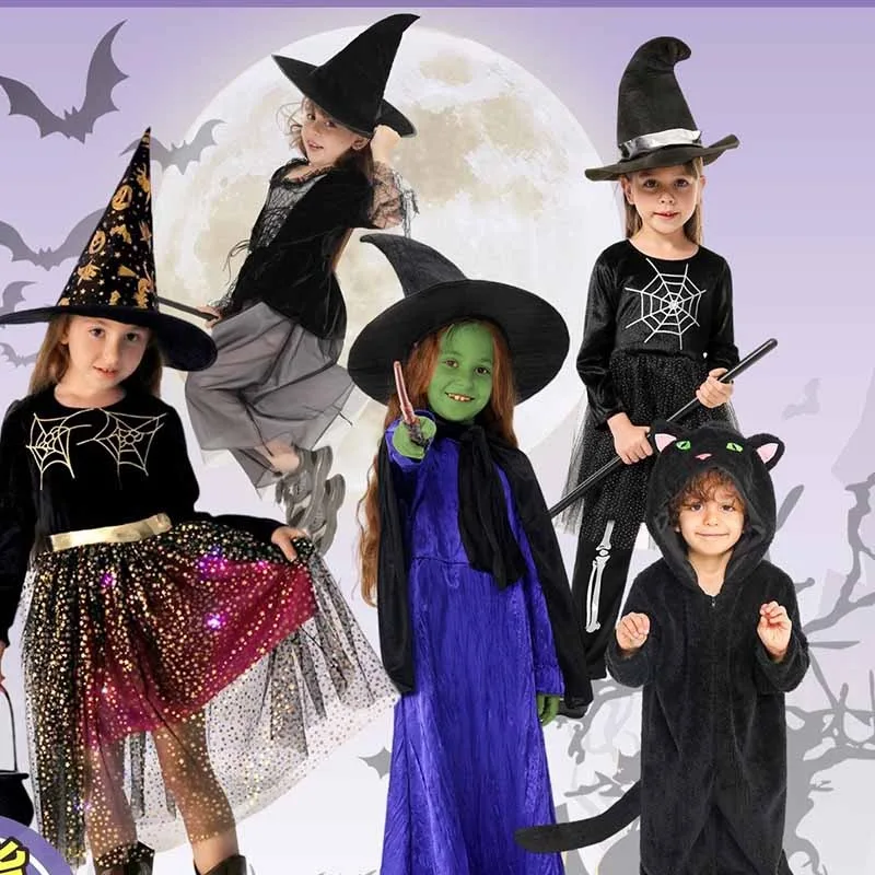 

Halloween party Girls Cosplay Magic Witch costume children Role Play Black Cat Witch with Hat broom stage performance costume