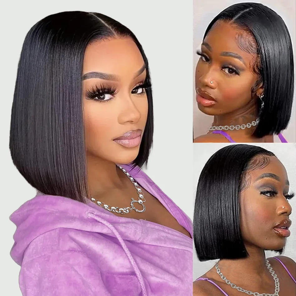 

Bob Wig Human Hair Wear And Go Glueless Short Straight 4X4 Closure Human Hair Wigs 8 Inch Lace Frontal Wig 250 Density For Women