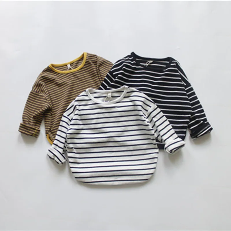 New Autumn Baby Boys Striped T-shirts Long Sleeve Tops Korean Style Baby Kids Casual Tees Children Clothes