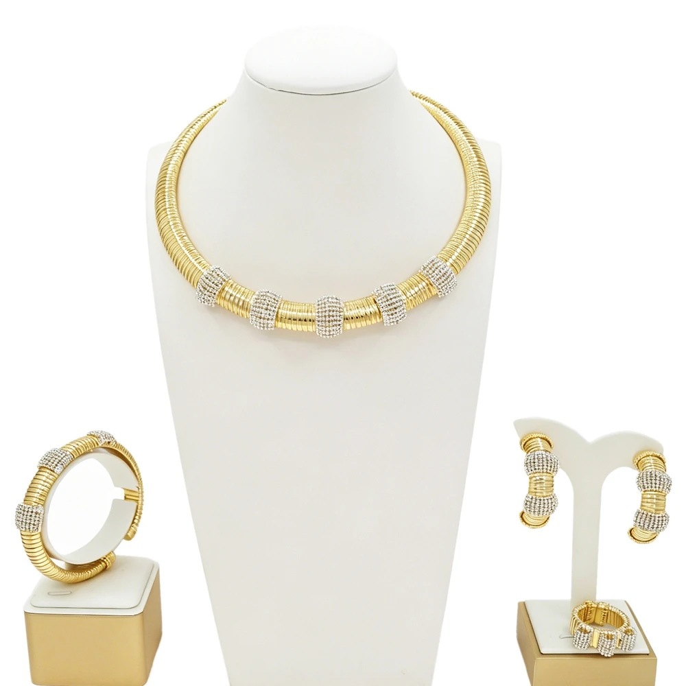 4Pcs Brazil Gold Plated Rhinestone Coil Tube Jewelry Set Snake Chain Choker Necklace Bracelet Ring Hoop Earrings For Women