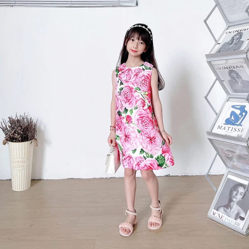 -Border Hot D's 2023 New Kids' Skirt Summer Girl's Rose Printed Suspender Skirt Dress A- line Skirt