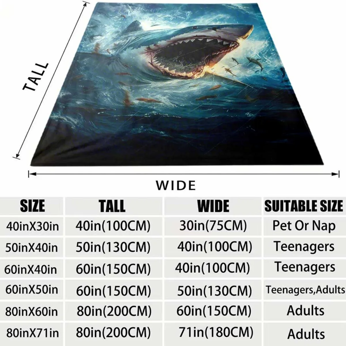 Giant Shark Attack Ocean Wave Throw Blanket Realistic Deep Sea Predator Art Cozy Home Decor Gift