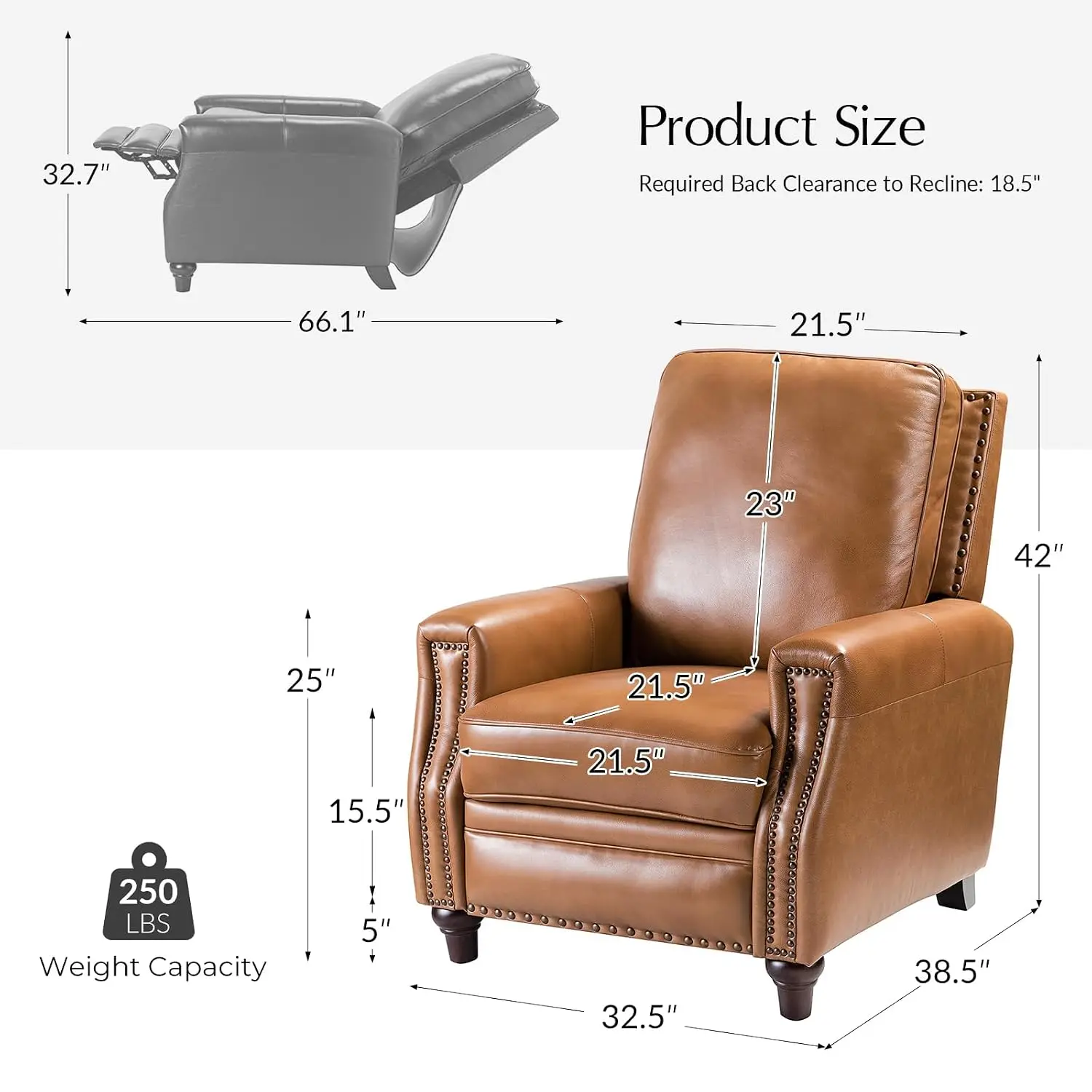 Genuine Leather Recliner Chair, Mid Century Modern Recliner with Solid Wood Legs, Manual Adjustable Footrest Backrest, Cozy Sing