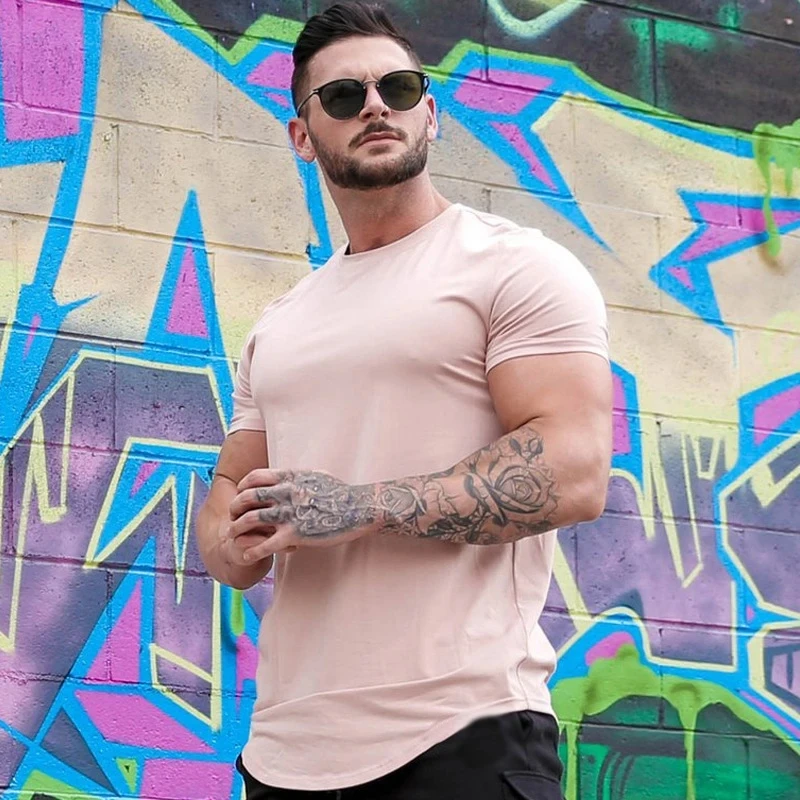 

High Quality cotton Men T-shirt Muscle Fitness T-shirt Summer Men's Athleisure Workout short sleeve T-shirtm Sport Shirt Tops