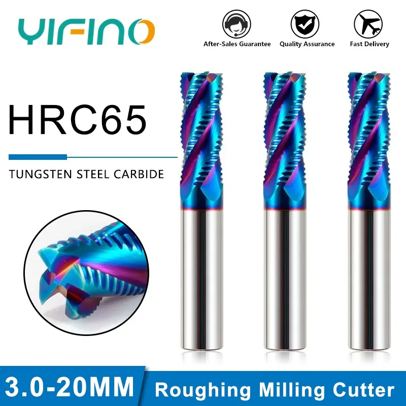 YIFINO HRC65 4-Flute Blue Nano Coating End Mill Tungsten Steel Carbide Roughing Milling Cutter For CNC Machining Endmills Tools