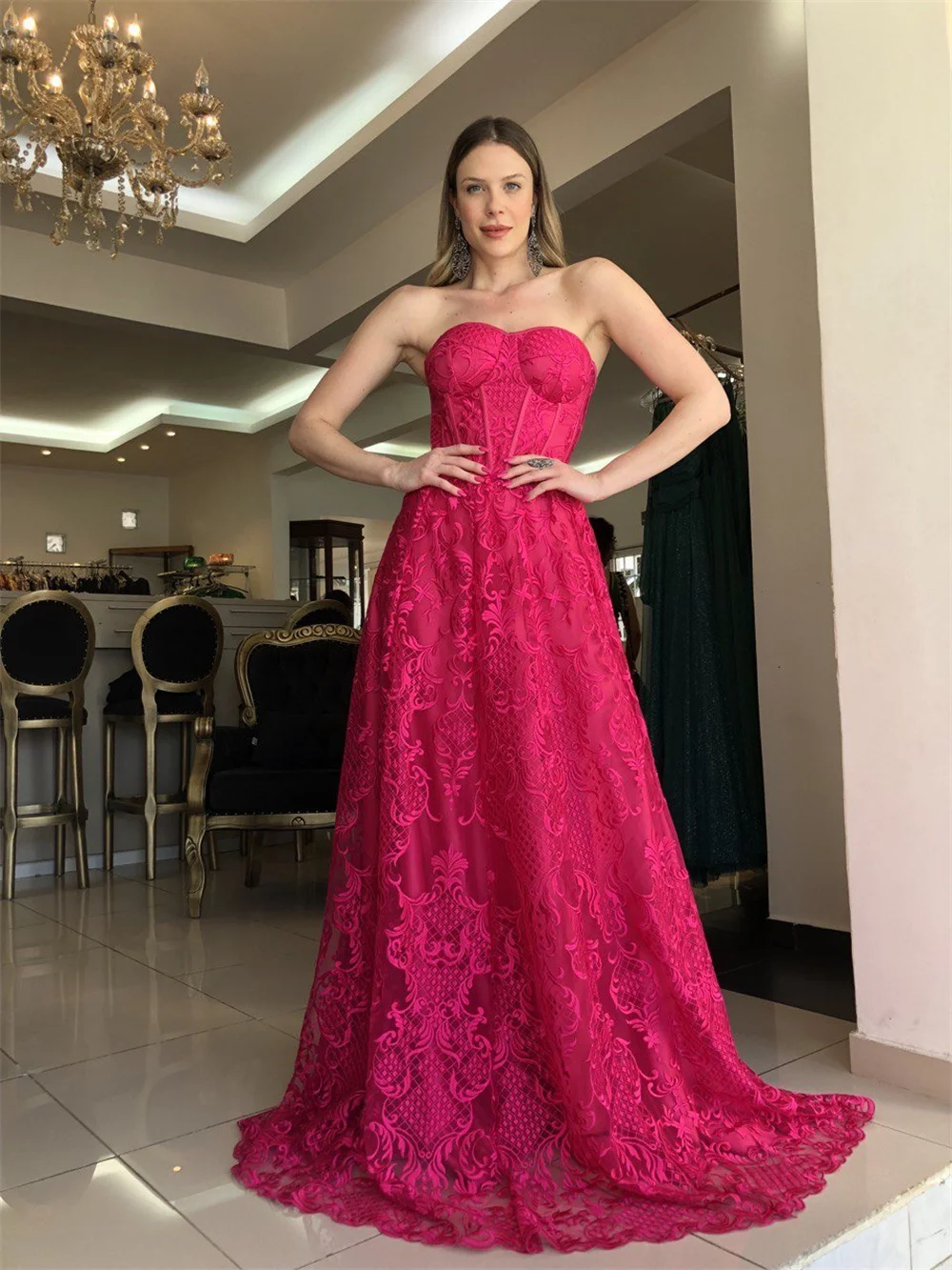 Sansa Sexy Strapless Prom Dress Luxury Lace Embroid A-line Vestidos De Noche Fuchsia Floor Lenght فساتين سهره فاخره  2023