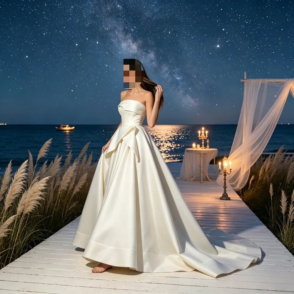 Customized 2026 satin strapless ball gown with bow details and long tail simple and luxurious bridal gown suitable ceremonies