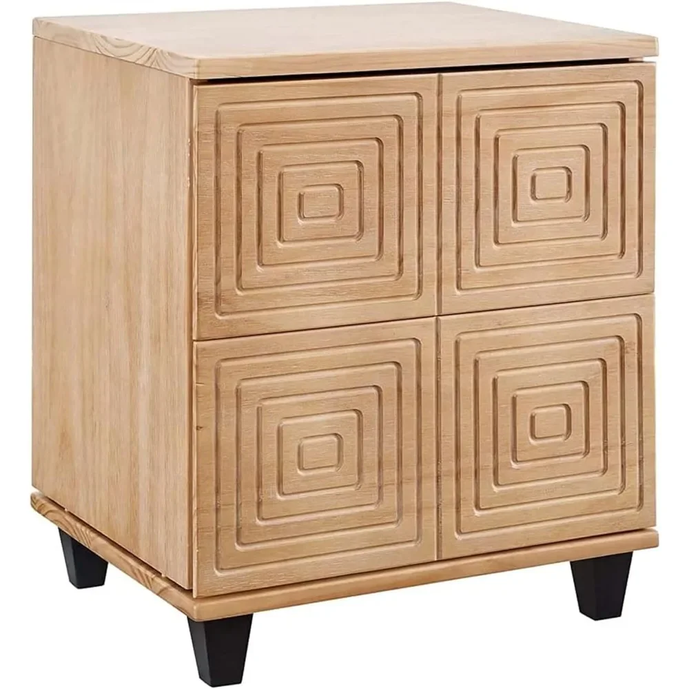 Mix Colour Modern Solid Wood 2 Drawer Storage Beside Table, Nightstand with Two Unique Geometric Details Drawers for Bedroom