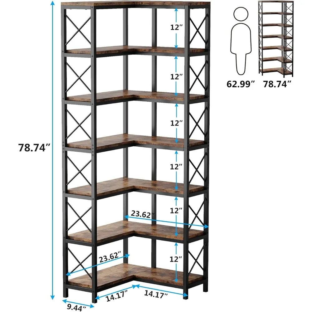 7-Shelf Corner Bookshelf,Large Modern Corner Bookcase, 7-Tier Tall Corner Shelf Storage Display Rack with Metal Frame